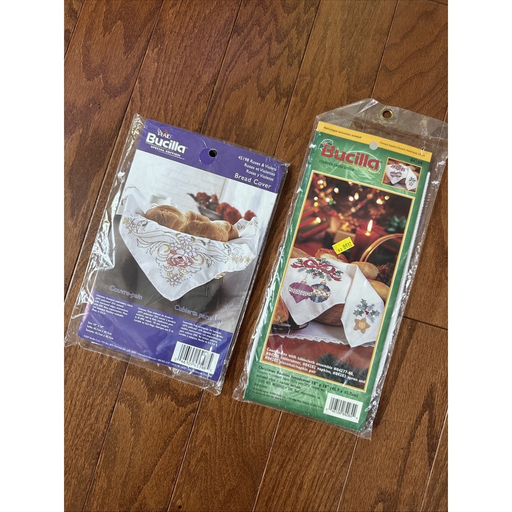 (2) Bucilla Christmas/ Roses & VioletsCross Stitch - #84284 & 45198 Bread Covers